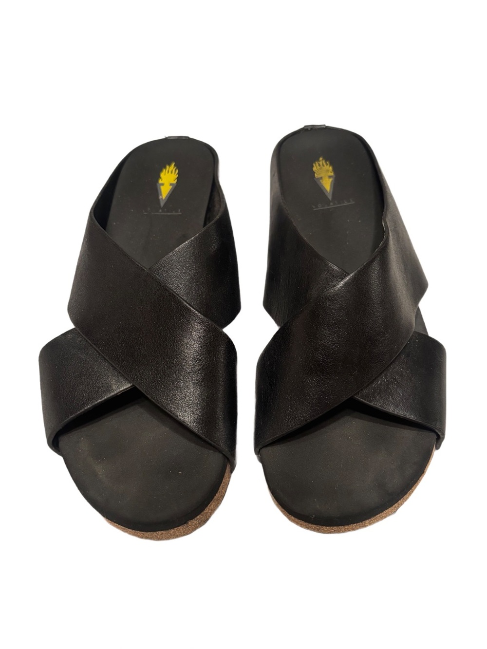 Volatile Black Leather Slide Sandals Size 8 Minimalist Cork Footbed Comfort